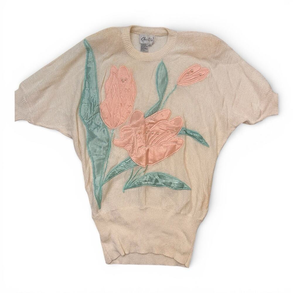 Christine Ivory Pink Green Floral Embroidered Knit Pullover Sweater L Vintage